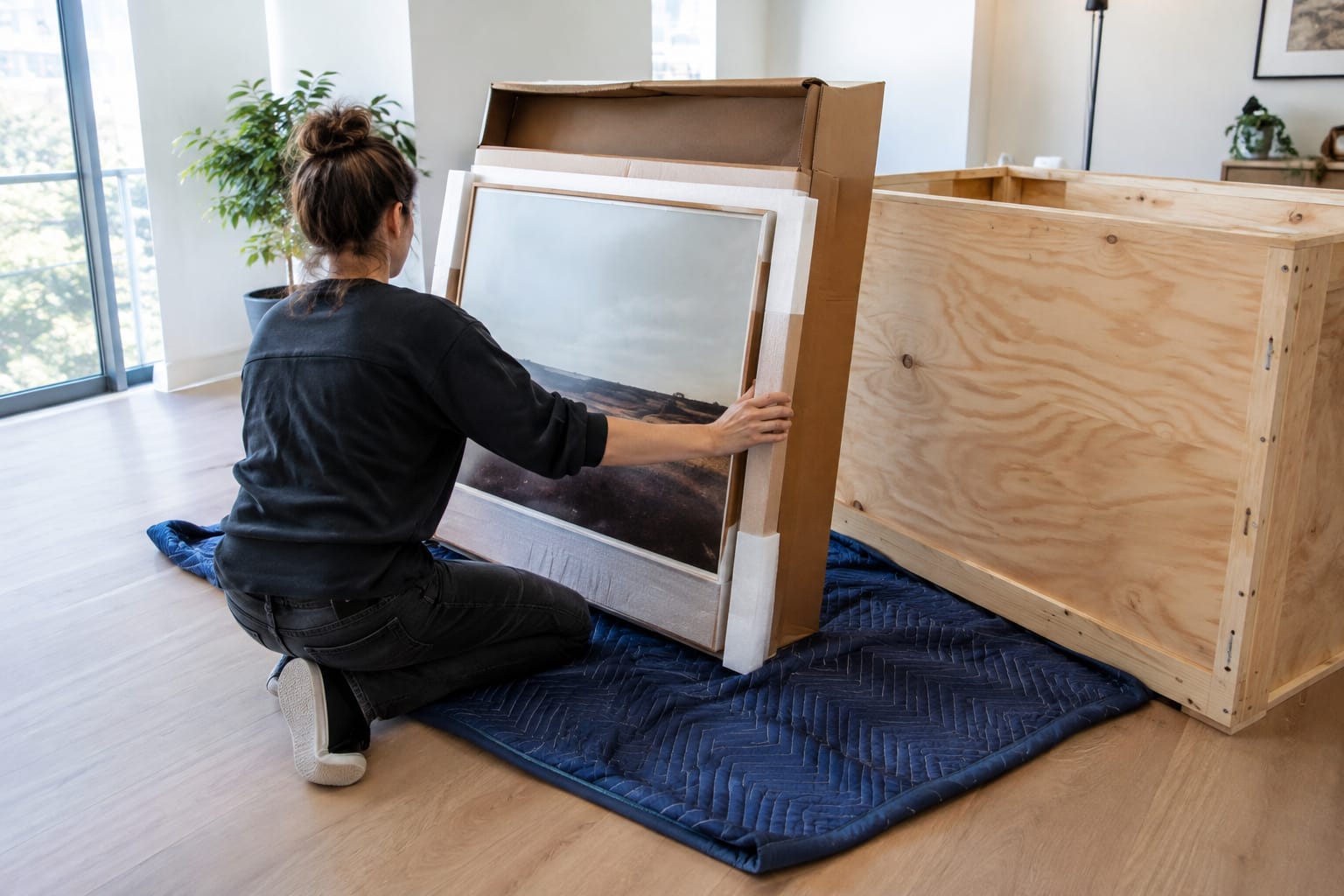 Gloved hands sliding a paper-wrapped framed mirror into a telescoping cardboard carton
