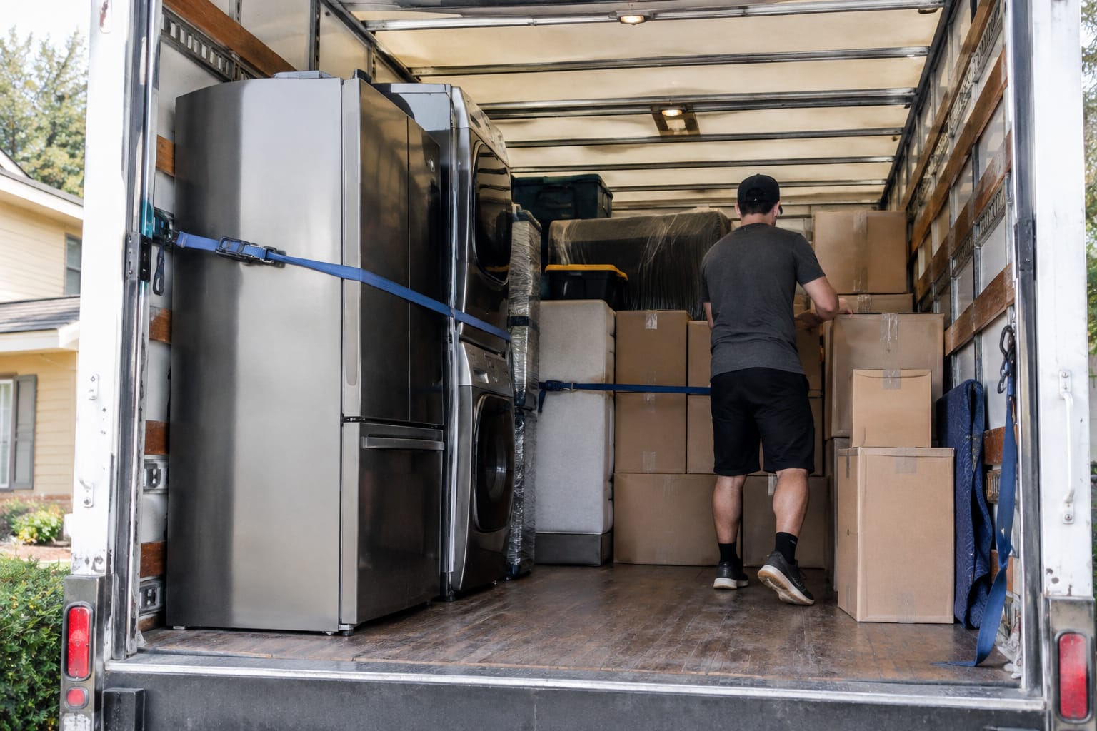 Half-loaded rental truck with wrapped dressers, an upright mattress, stacked boxes and a yellow load bar across the tier
