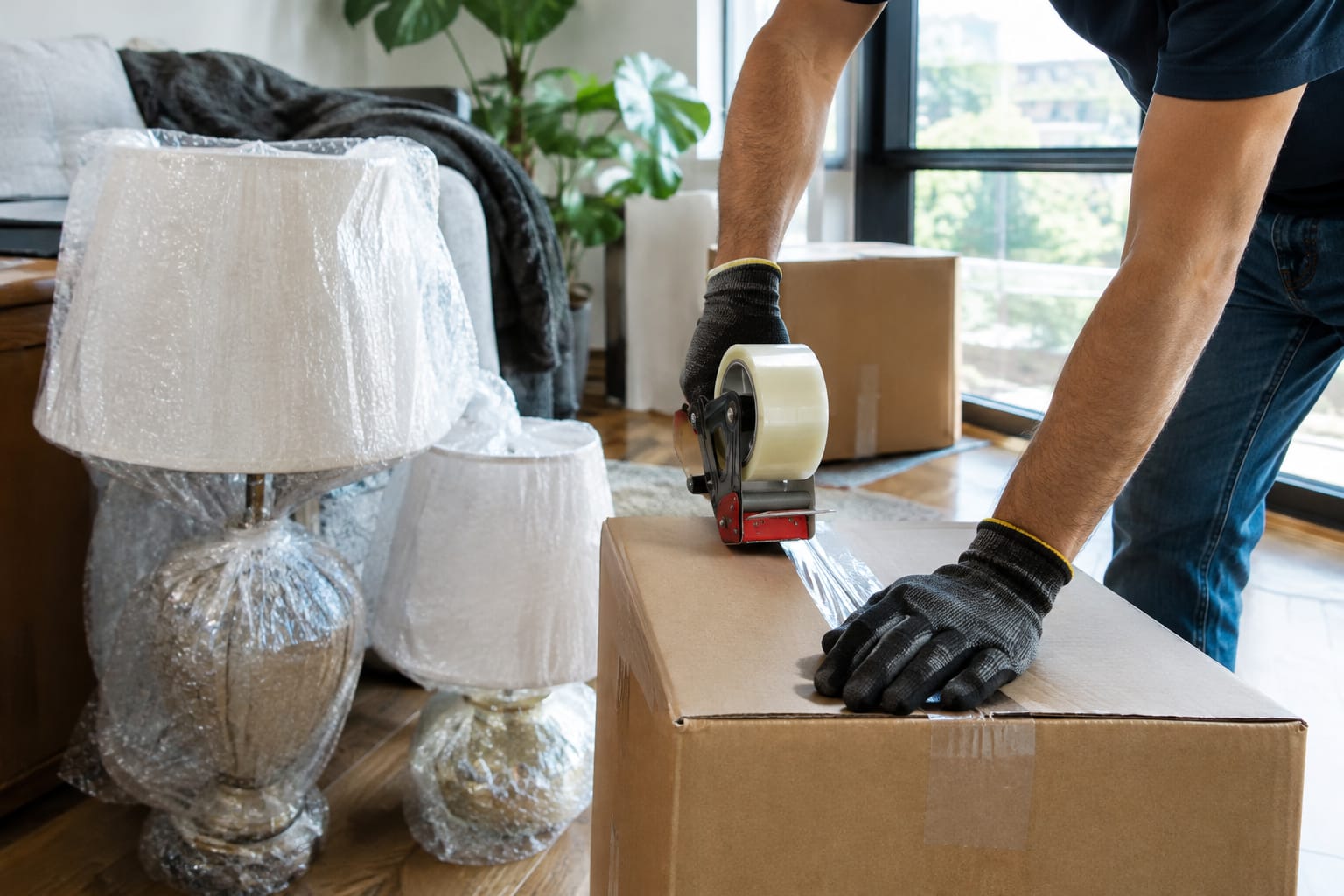 Homeowner photographing a scuffed dresser corner with a phone in a living room with moving blankets on the floor
