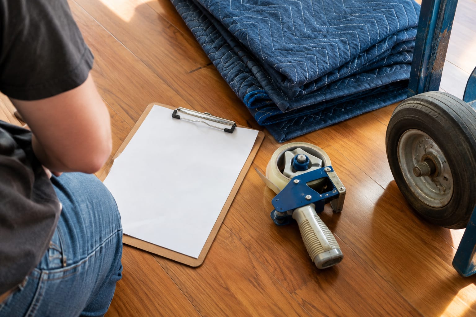 Homeowner signing a tablet held by a crew lead beside a closed truck while another mover folds a blanket