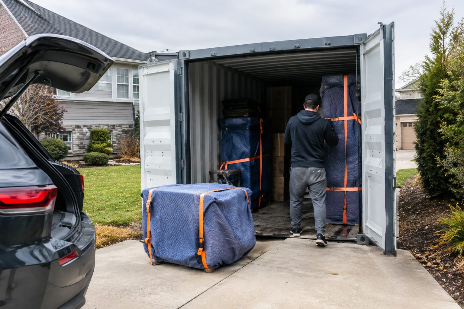 Homeowner stacking labeled boxes inside an open steel moving container in a driveway