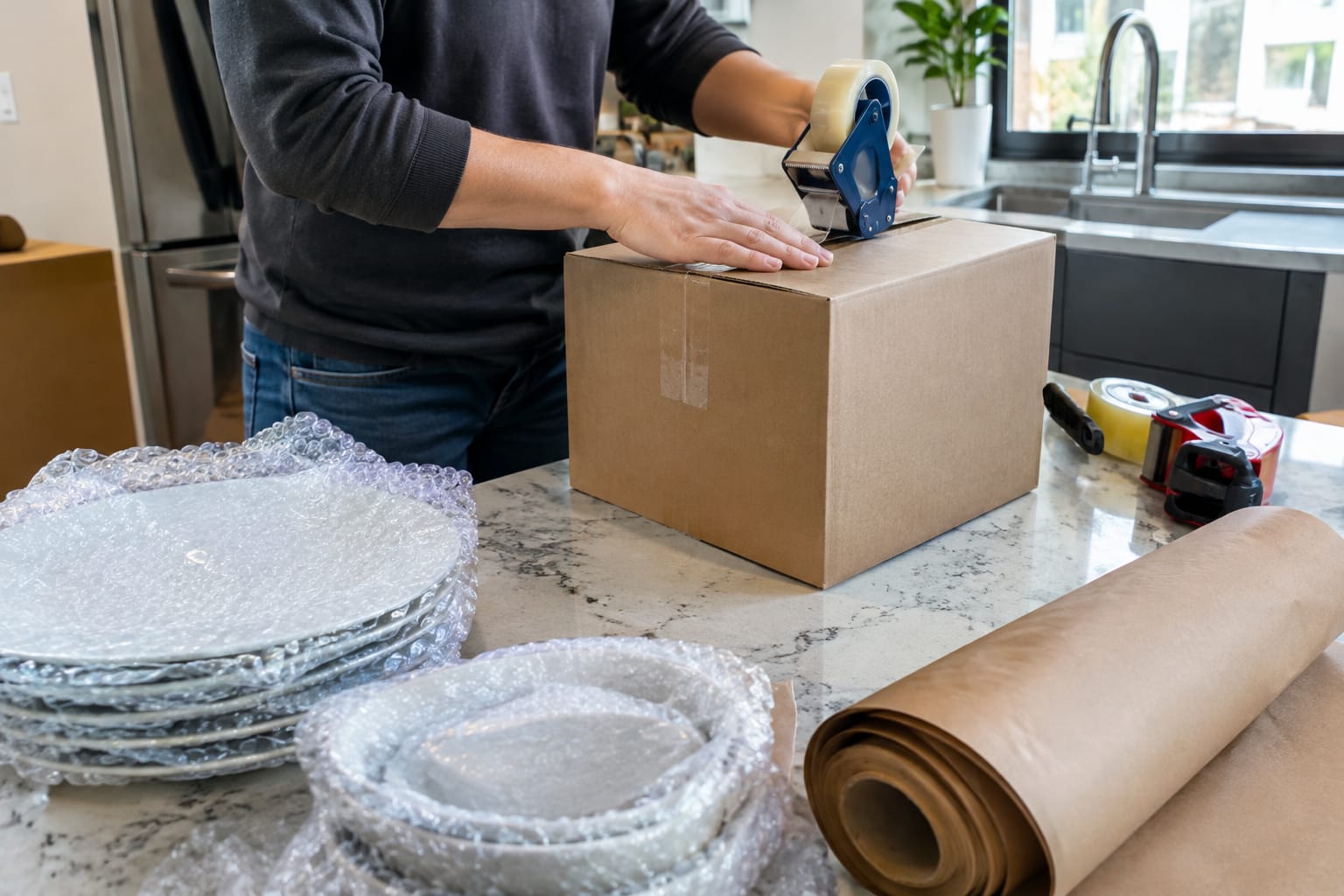 Homeowner wrapping plates in packing paper beside an open dish-pack carton on a granite counter