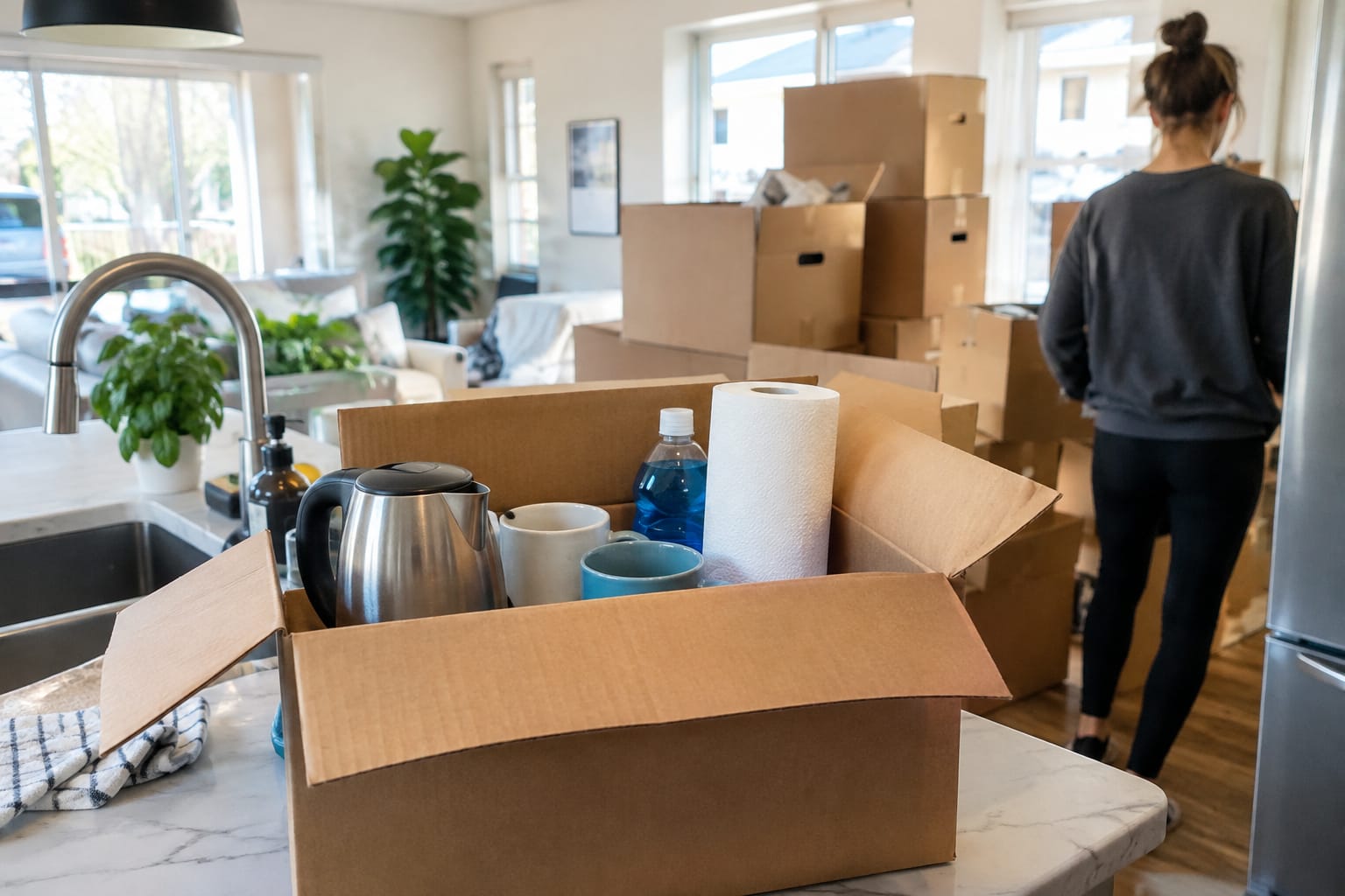 Labeled kitchen boxes by a doorway beside an open box marked OPEN FIRST holding a kettle and mugs