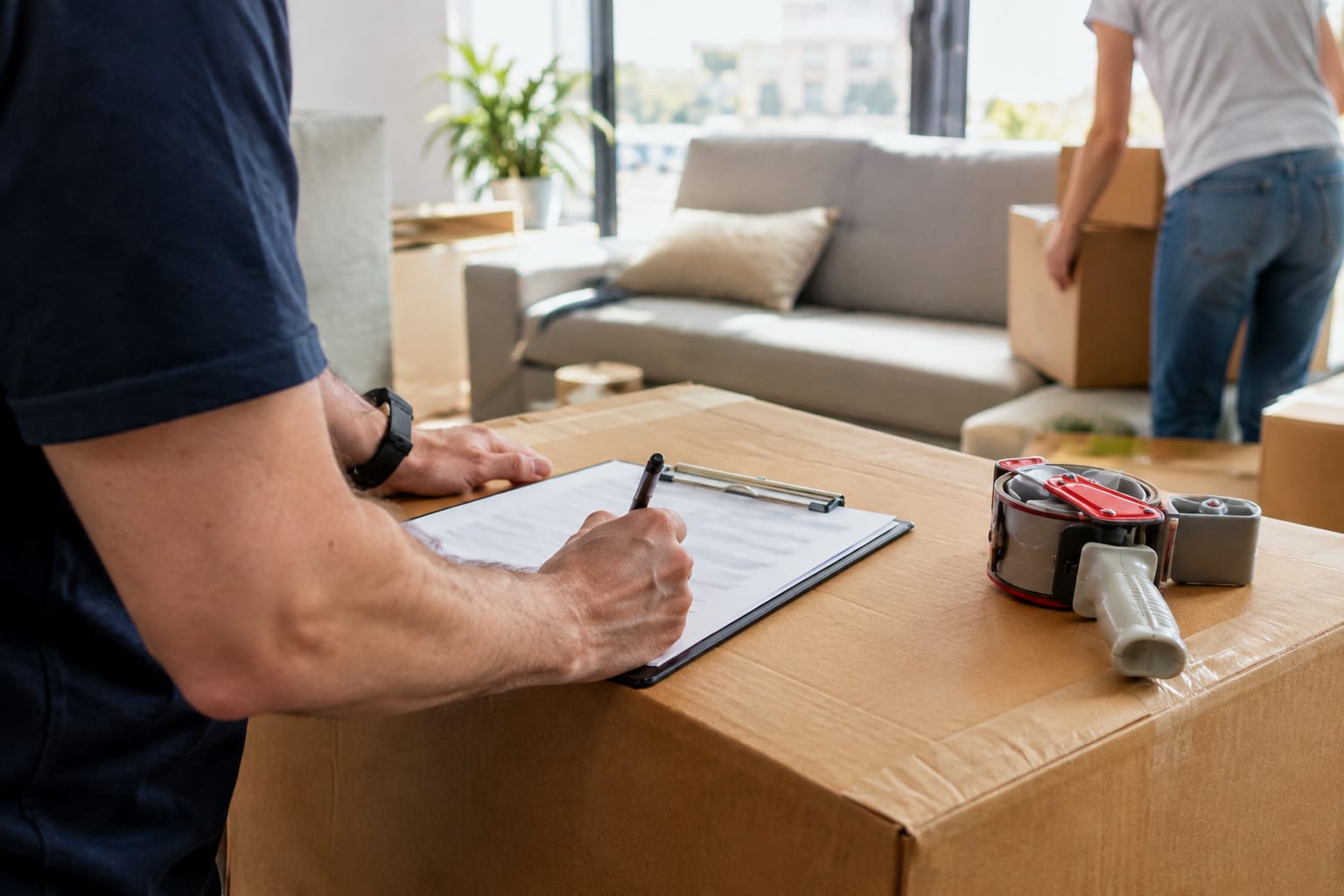 Mover and customer in an apartment doorway reviewing a written estimate on a clipboard, customer pointing with a pen