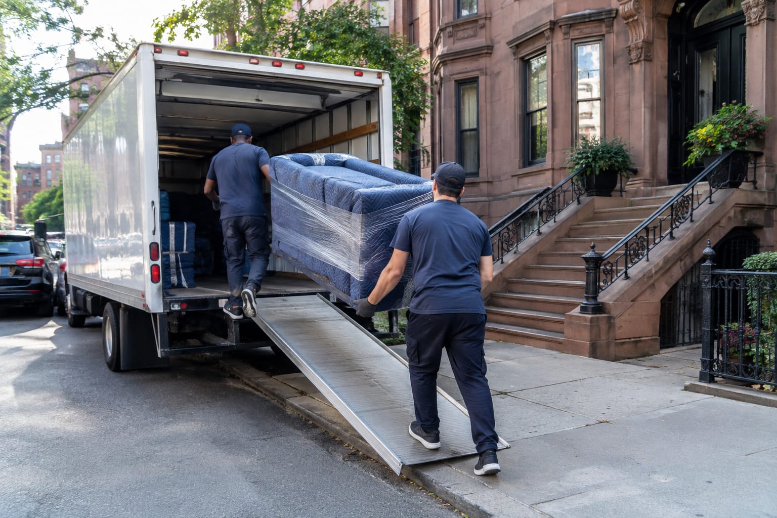 Mover carrying a blanket-wrapped dresser up a truck ramp while a homeowner holds moving paperwork