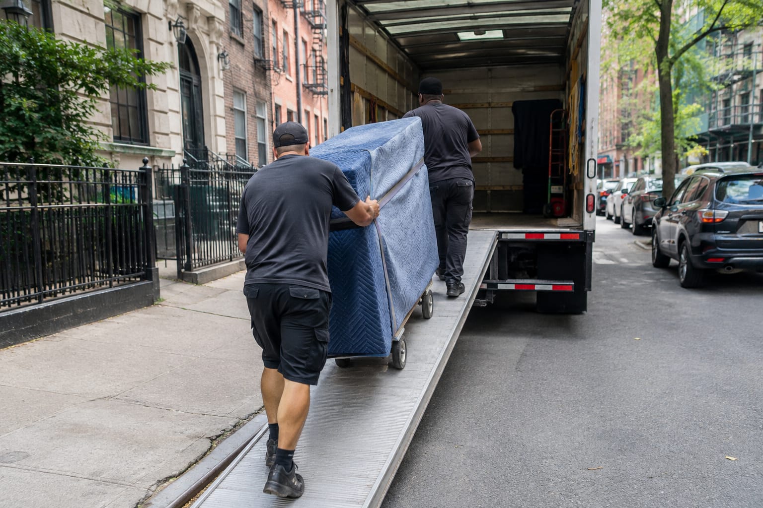 Mover checking numbered stickers on wrapped furniture against a clipboard list in an apartment