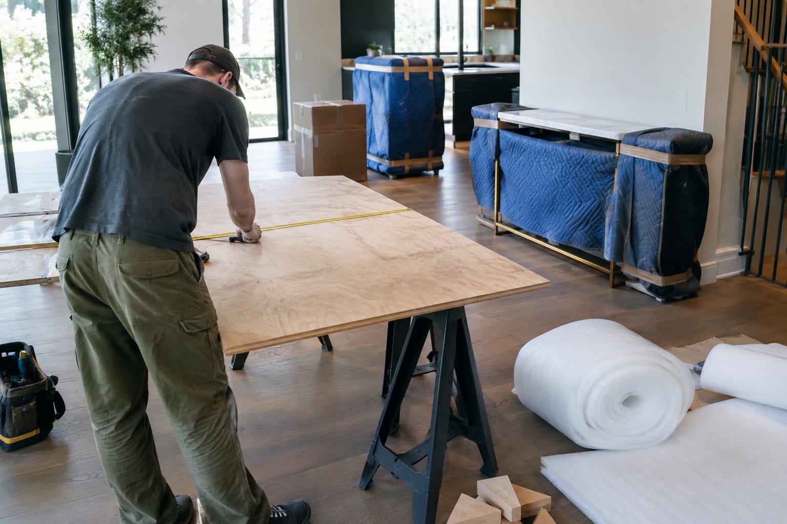Mover cutting plywood on a sawhorse to build a custom crate beside foam sheeting and a wrapped console table