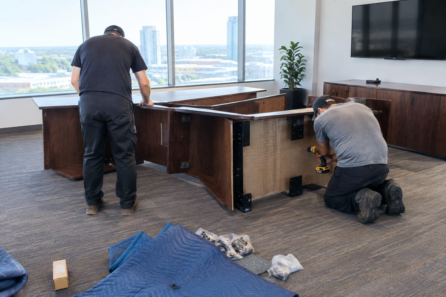 Mover drilling off a monitor arm beside labeled zip bags of desk hardware, an Allen key set and blue tape