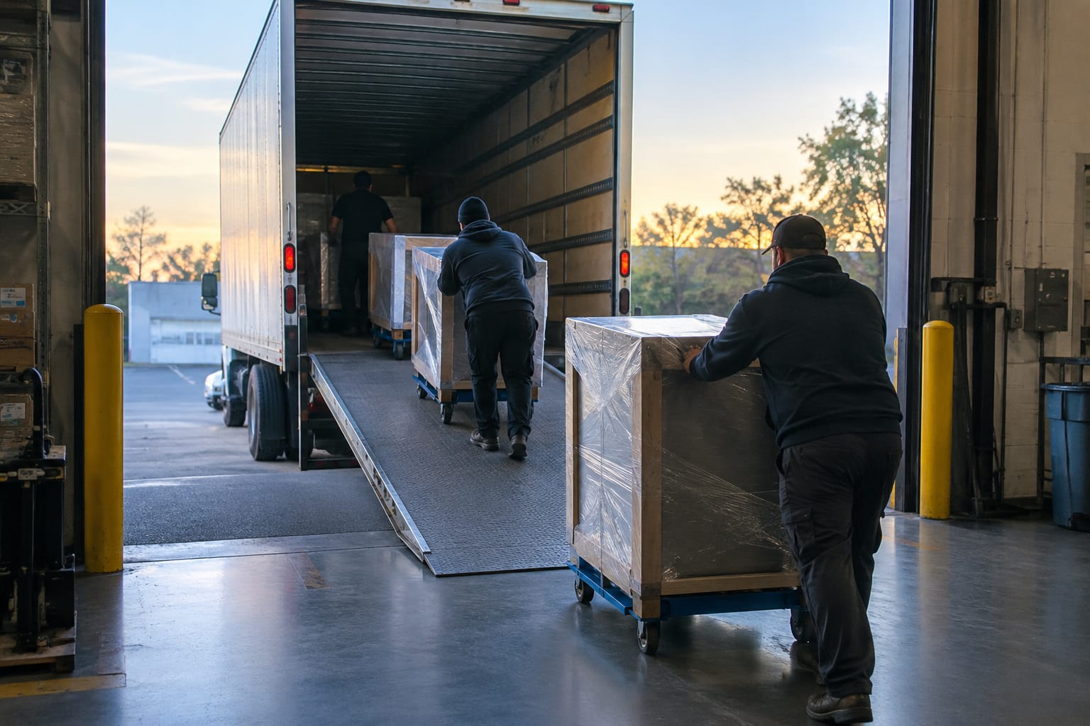 Mover pushing gray crates on a dolly over floor sheets past a padded freight elevator and a security desk