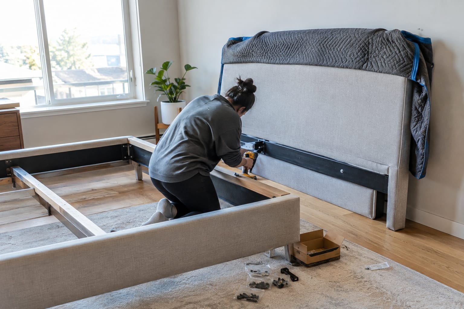 Mover shrink-wrapping a blanket-covered sofa arm beside a protective runner laid over hardwood floors