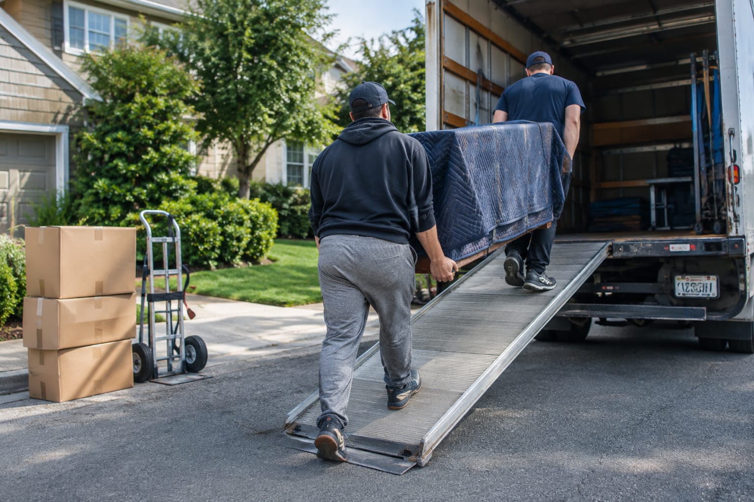 Mover strapping a wrapped mattress against a truck wall while a second mover stacks boxes at the front of the cargo area