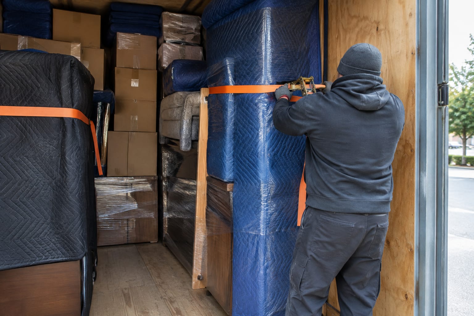Mover tightening a strap across tiers of boxes and wrapped furniture packed floor to ceiling inside a storage container