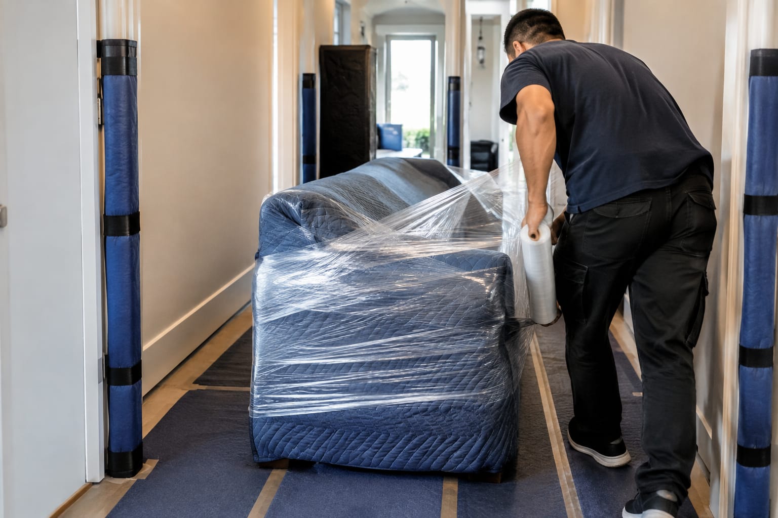 Mover using a cordless drill to take apart a wooden bed frame, with a labeled hardware bag taped to the headboard