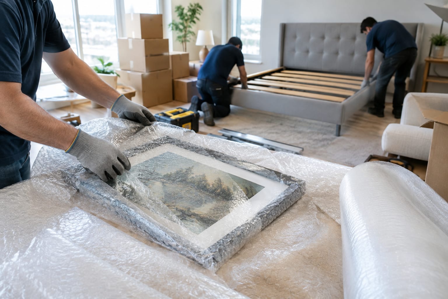 Mover wrapping a framed picture in packing paper and bubble wrap at a dining table beside open cartons