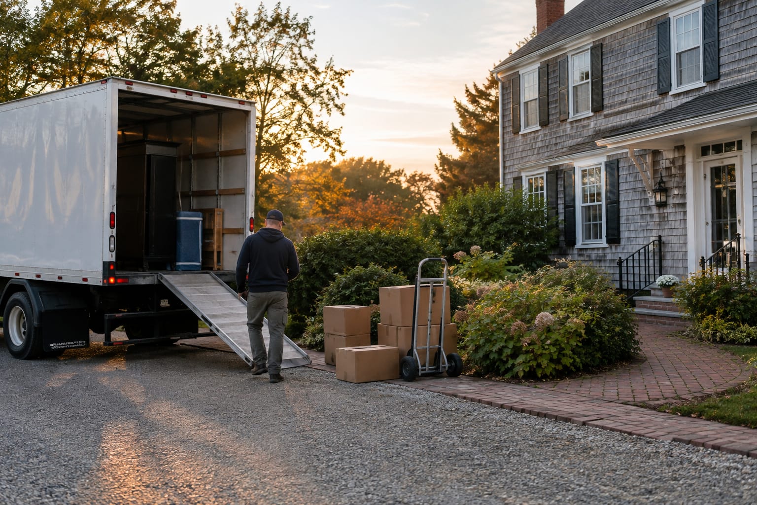 wilmington movers — Movers carrying a padded dresser from a colonial-style house to a box truck parked in a suburban driveway