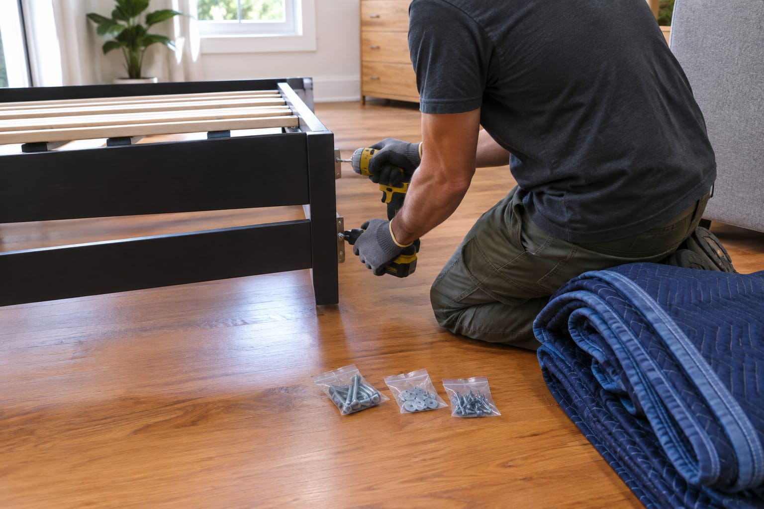 Mover's hands loosen a bed-frame rail with a hex key beside a labeled bag of bolts taped to the headboard