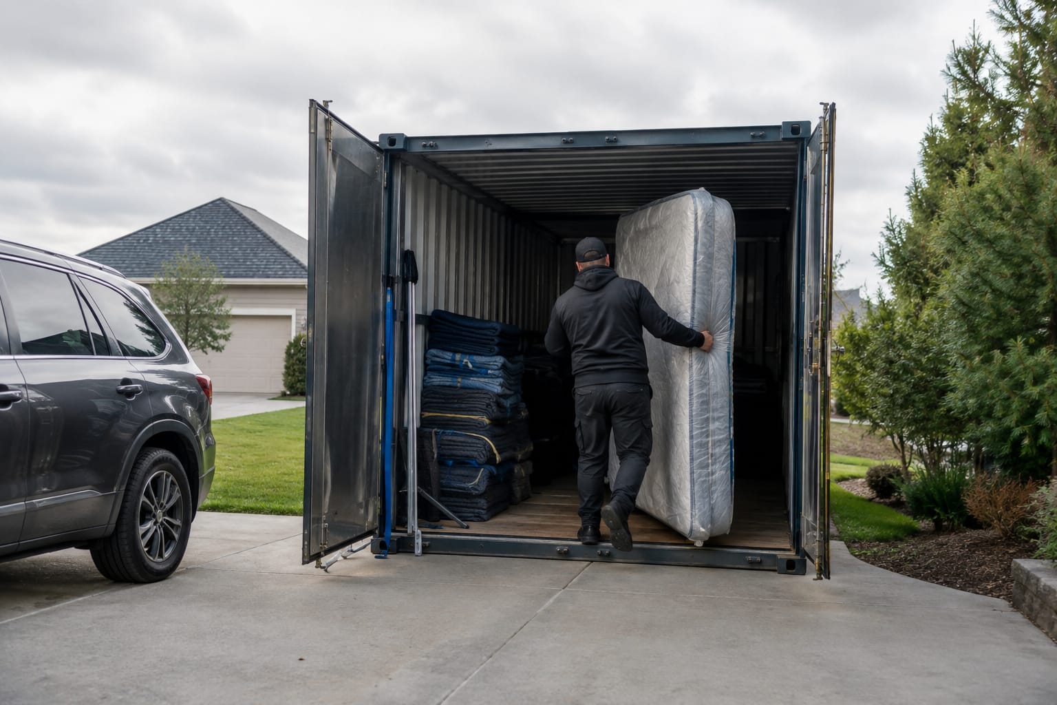 Movers loading boxes and a wrapped bookshelf into an open portable storage container on a residential street