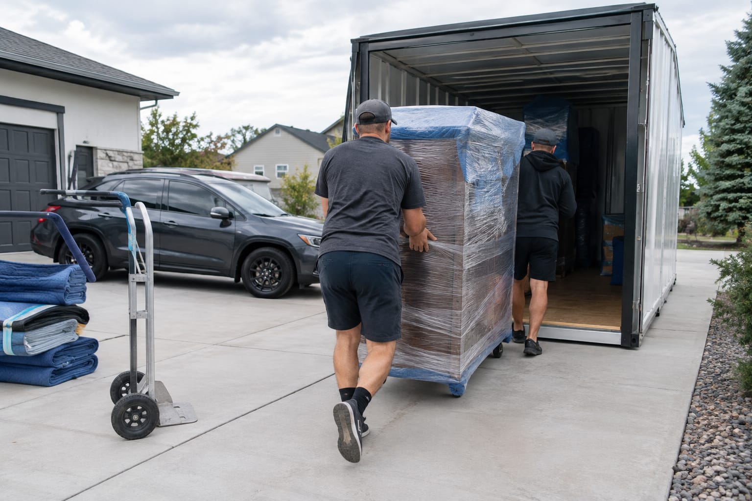 Movers loading wrapped dressers into a rental box truck while a homeowner checks a printed inventory list