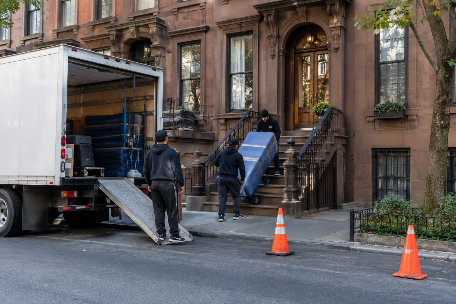 moving company in new york city — Movers wheeling a blanket-wrapped dresser from a box truck toward a pre-war NYC apartment b