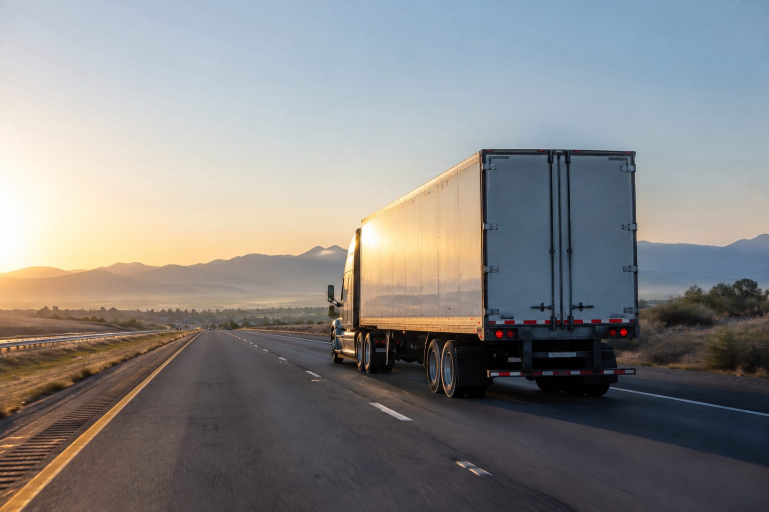 Moving truck driving on an open interstate across high plains at sunrise with mountains on the horizon