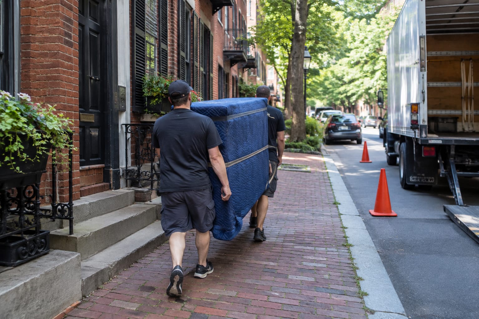 Moving truck on a Boston brownstone street with orange cones, a no-parking sign and blanket-wrapped furniture