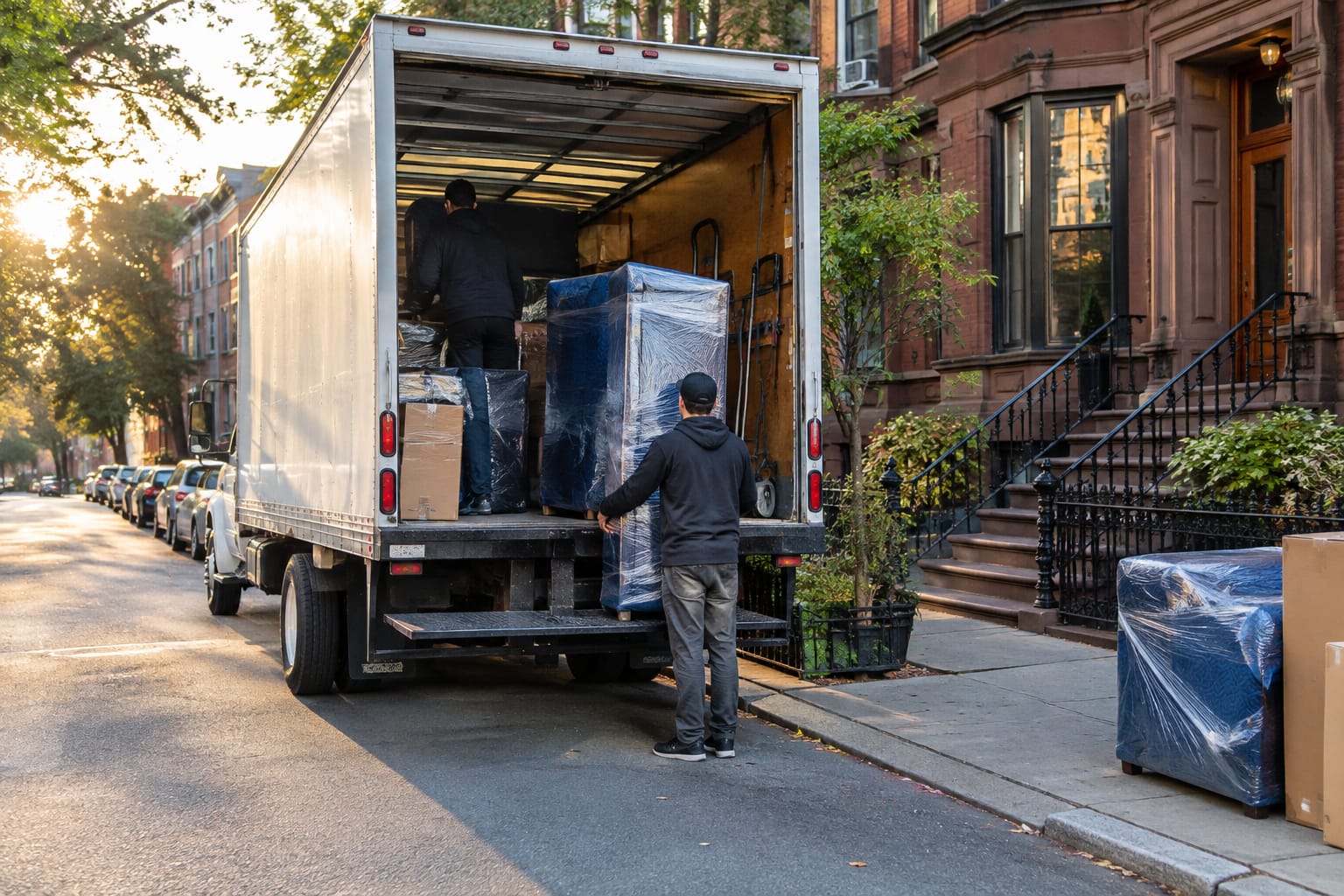 Moving truck parked on a steep San Francisco street lined with Victorian houses, movers carrying a wrapped dresser