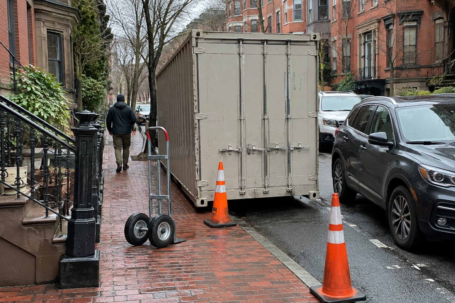 Narrow brownstone street with orange temporary no-parking signs posted along the curb