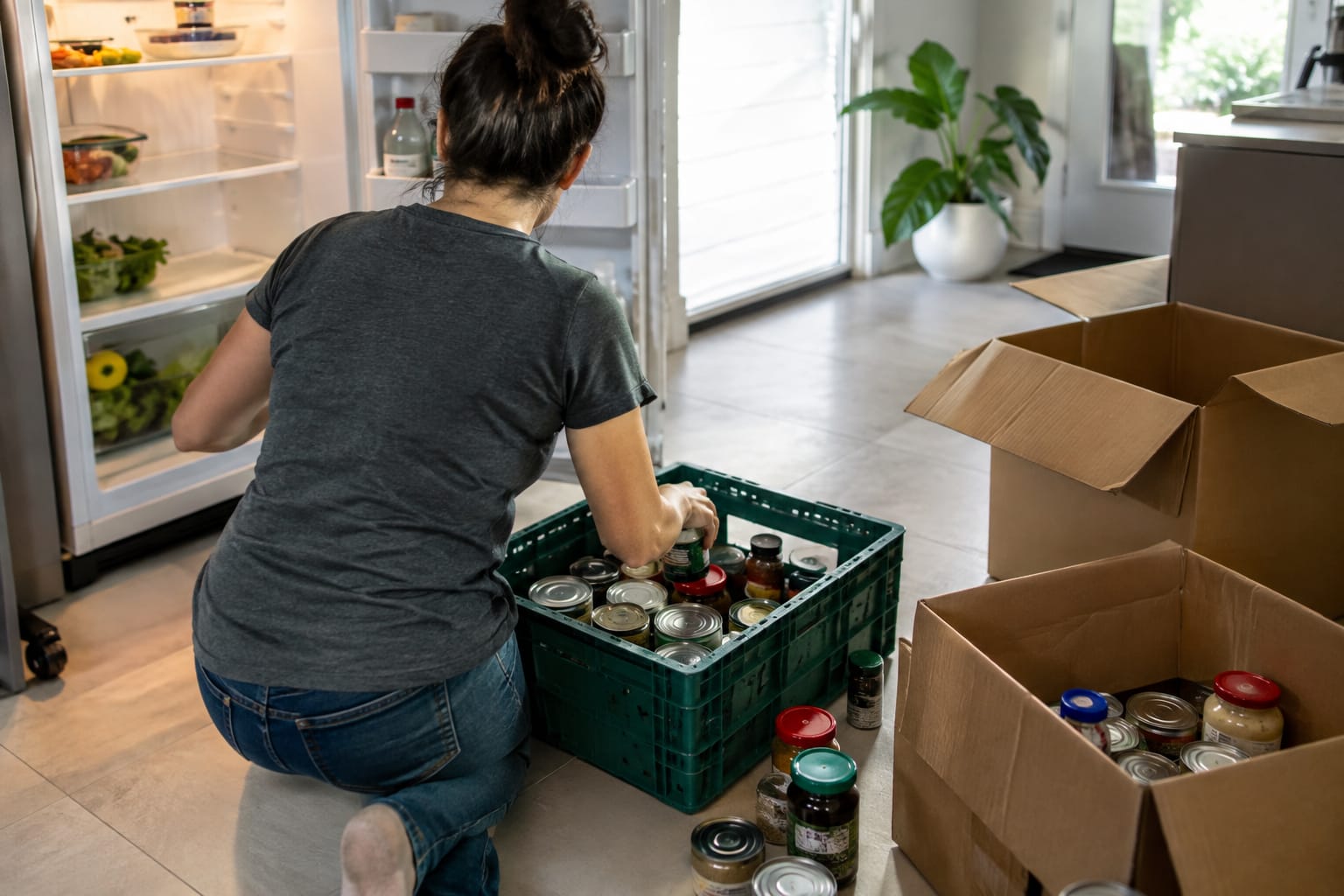 Near-empty fridge, cooler with ice packs, canned goods in a donate bag, and oil and aerosol set aside