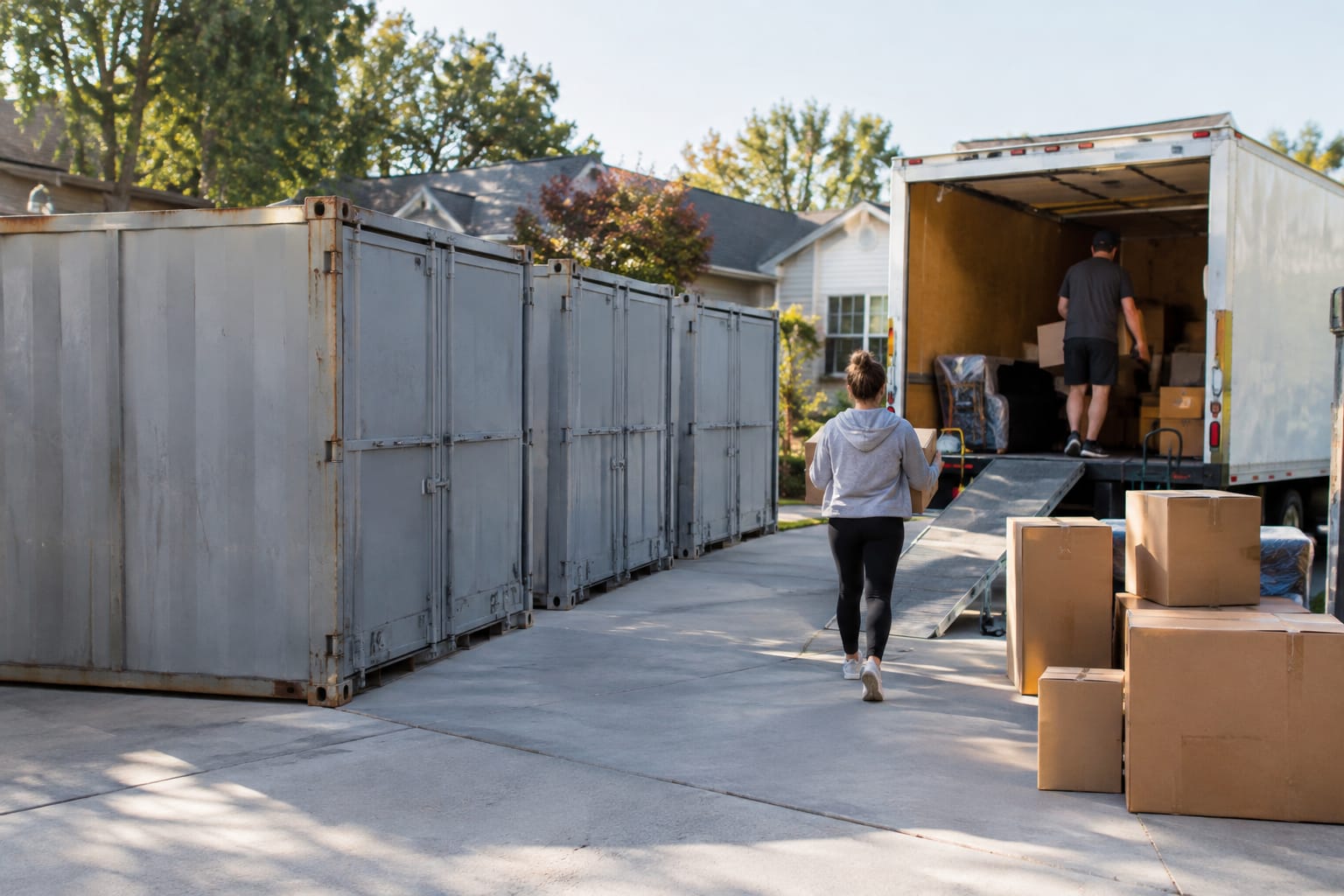 Open portable moving container in a driveway with stacked boxes and a blanket-wrapped dresser beside it