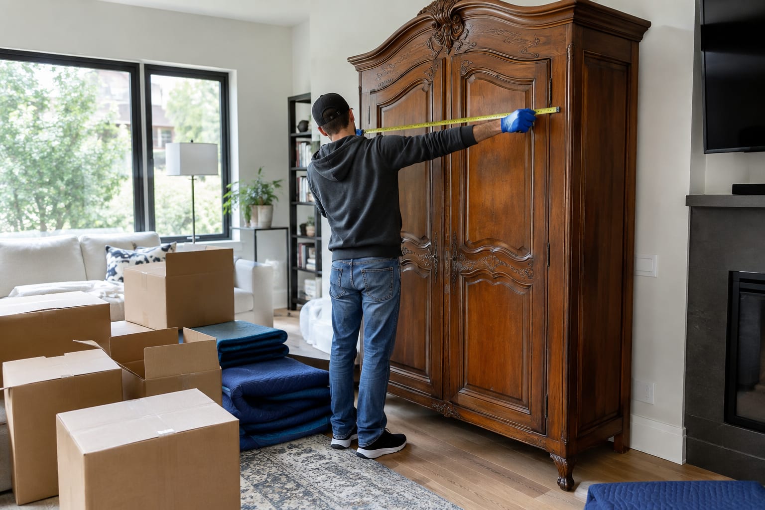 Person filming a living room with a bookshelf and sectional sofa on a smartphone for a video moving estimate