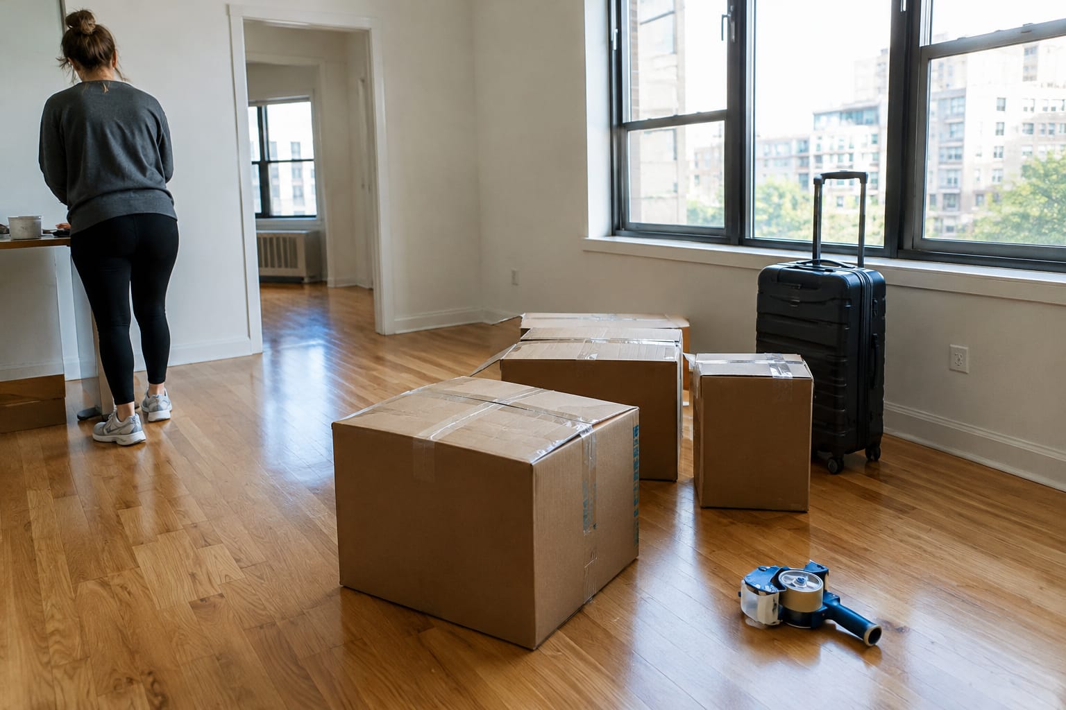 Person handing three sealed boxes to a post office clerk with a carry-on suitcase nearby