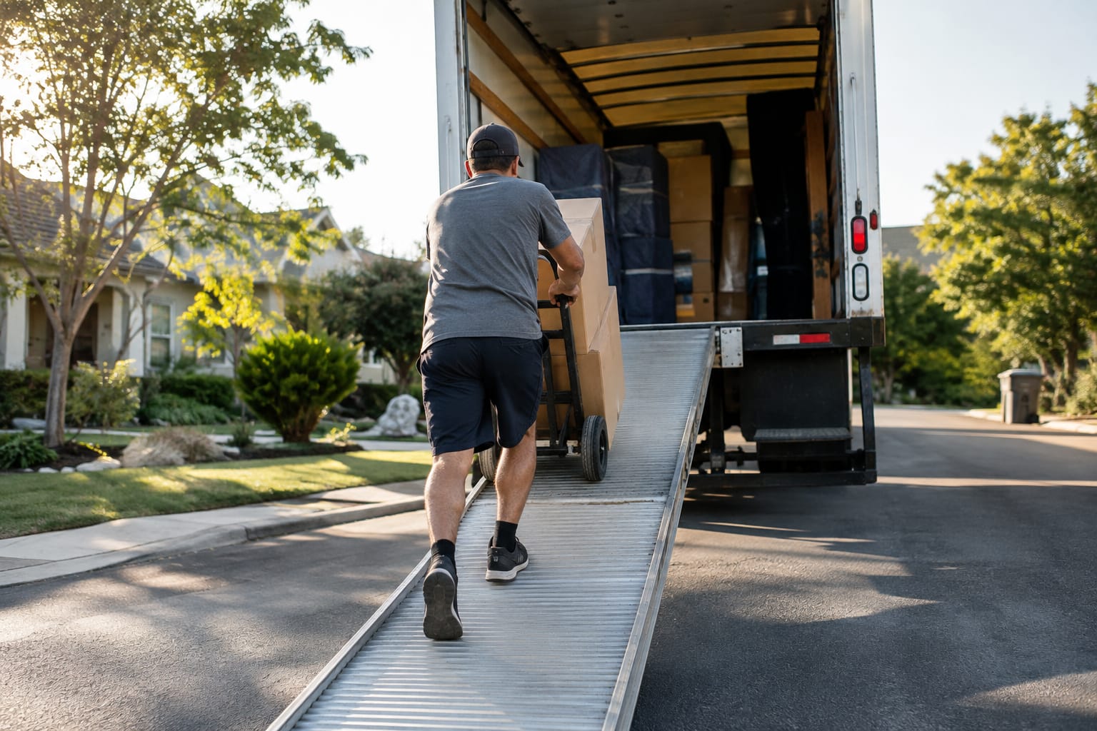 Person pushing a hand truck of boxes up the ramp of a rental box truck in a parking lot