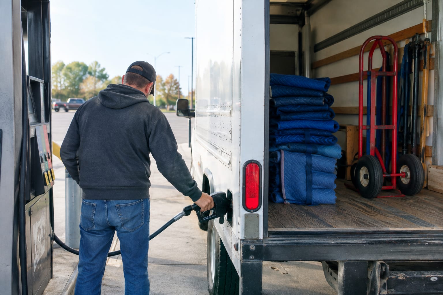Person reading a rental agreement beside an open rental truck, with a dolly and stacked boxes in the driveway