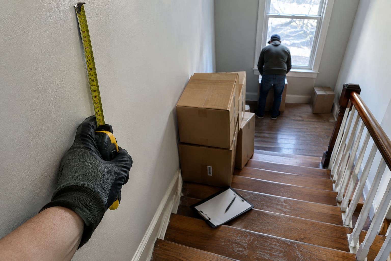 Printed moving estimate and inventory list on a kitchen counter next to a phone calendar and room-labeled boxes
