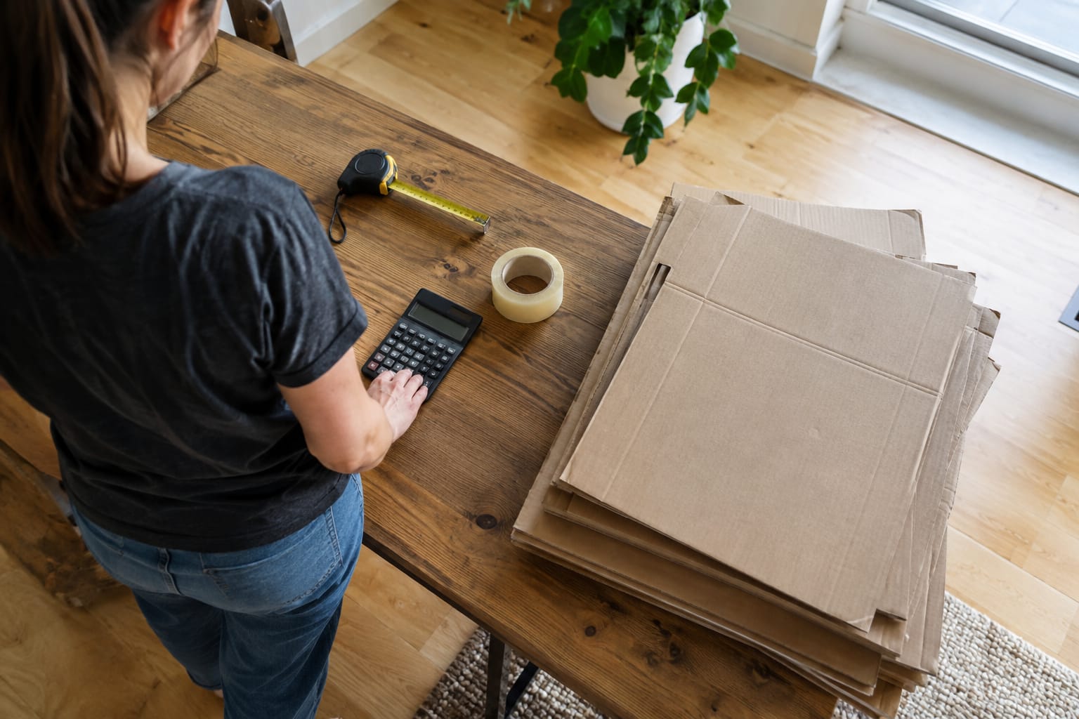 Printed moving estimate, calculator and phone clock on a kitchen table while someone tallies crew hours