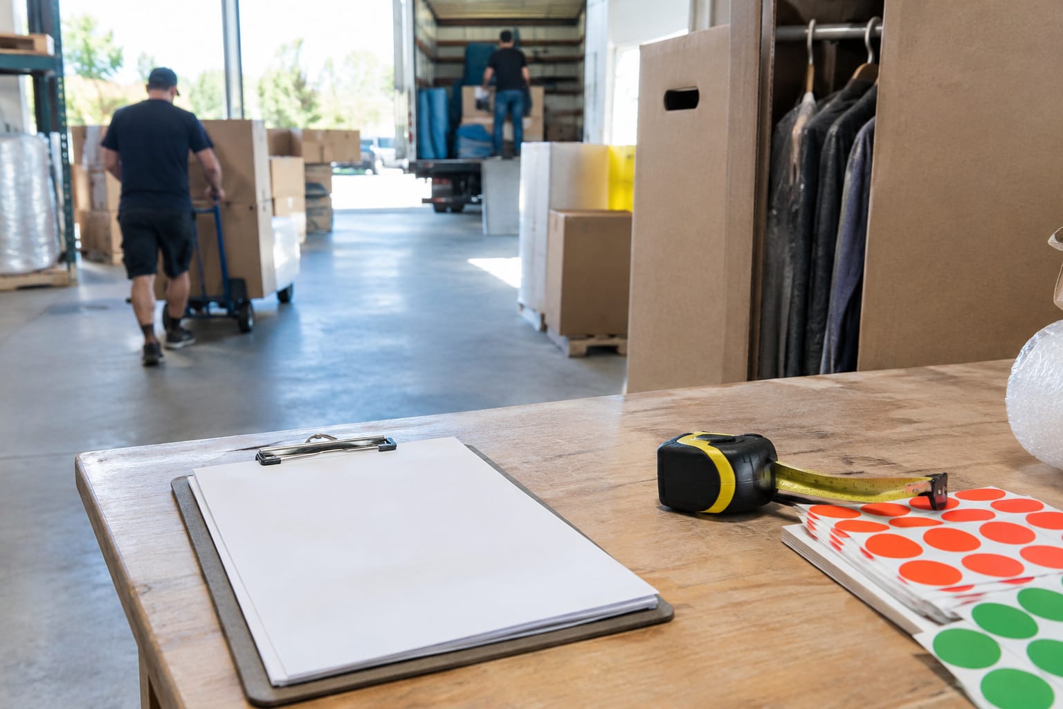 Printed moving estimate, FMCSA consumer booklet and bill of lading form on a kitchen table with a pen