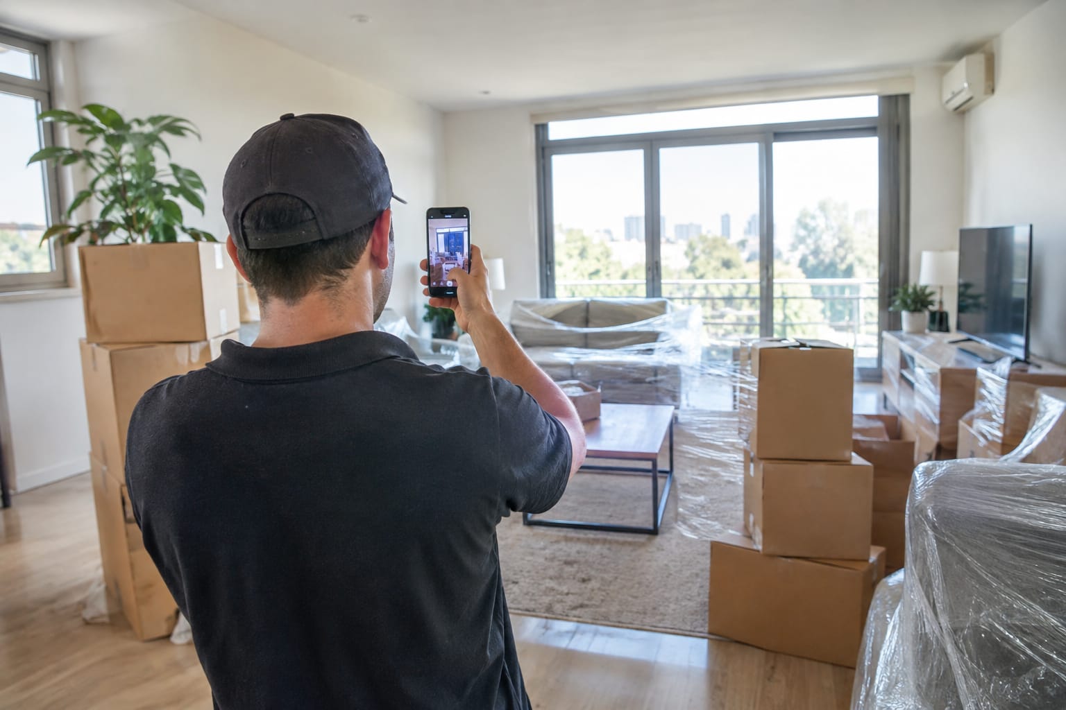 Renter filming a living room with a sectional sofa, bookshelf and floor lamp on a smartphone video call