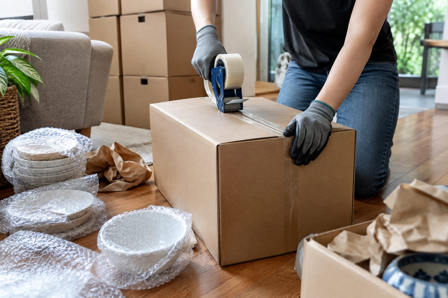 Room-labelled moving boxes stacked in an empty living room with packing paper and tape on the floor