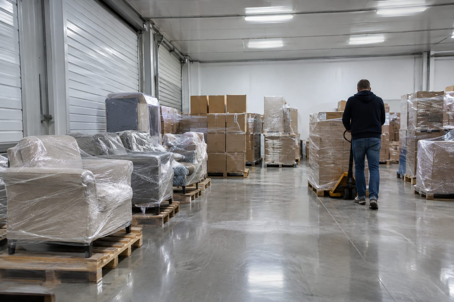 Rows of wrapped furniture with numbered tags in storage as a worker checks an inventory sheet on a clipboard