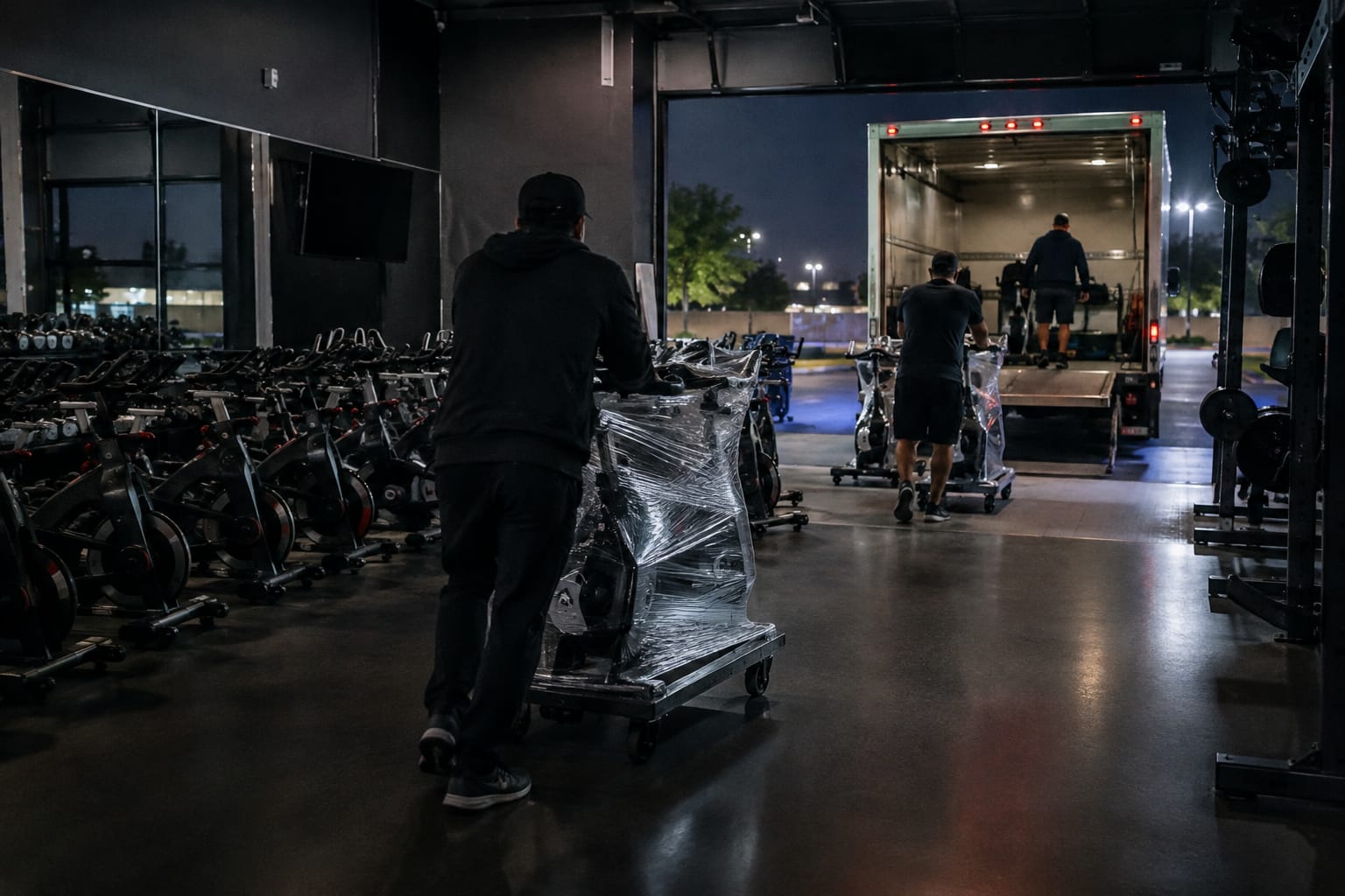 Shrink-wrapped spin bikes lined up by a studio entrance with a clipboard inventory list on the front counter
