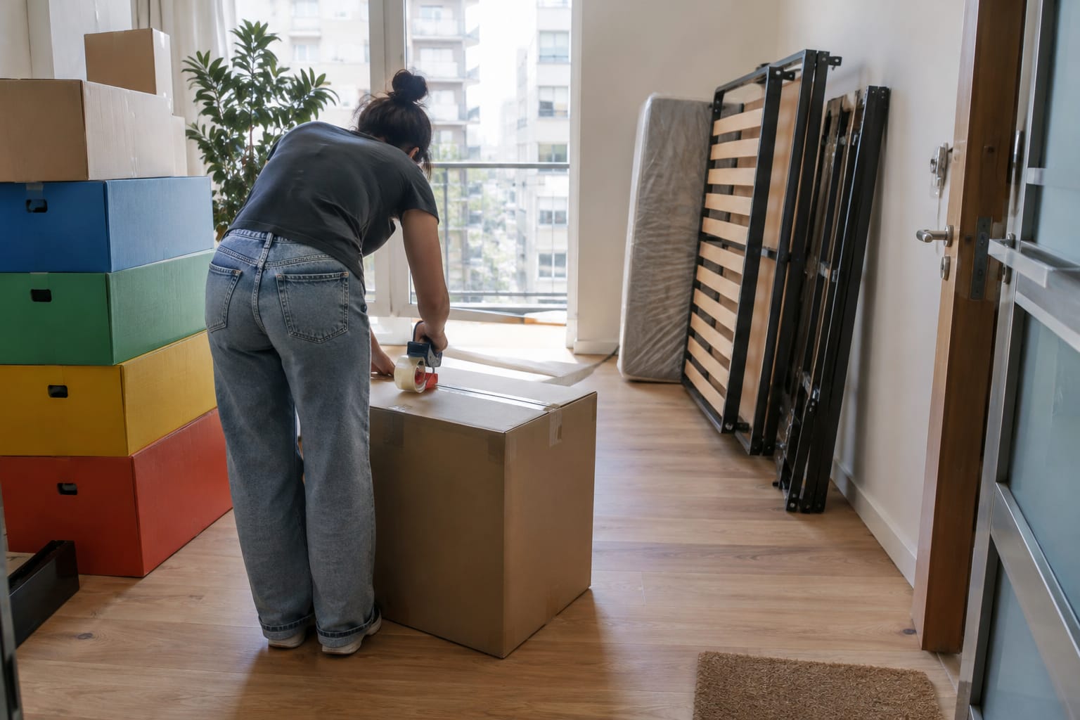 Small apartment with room-labeled taped boxes, a disassembled bed frame against the wall and a clear path to the door
