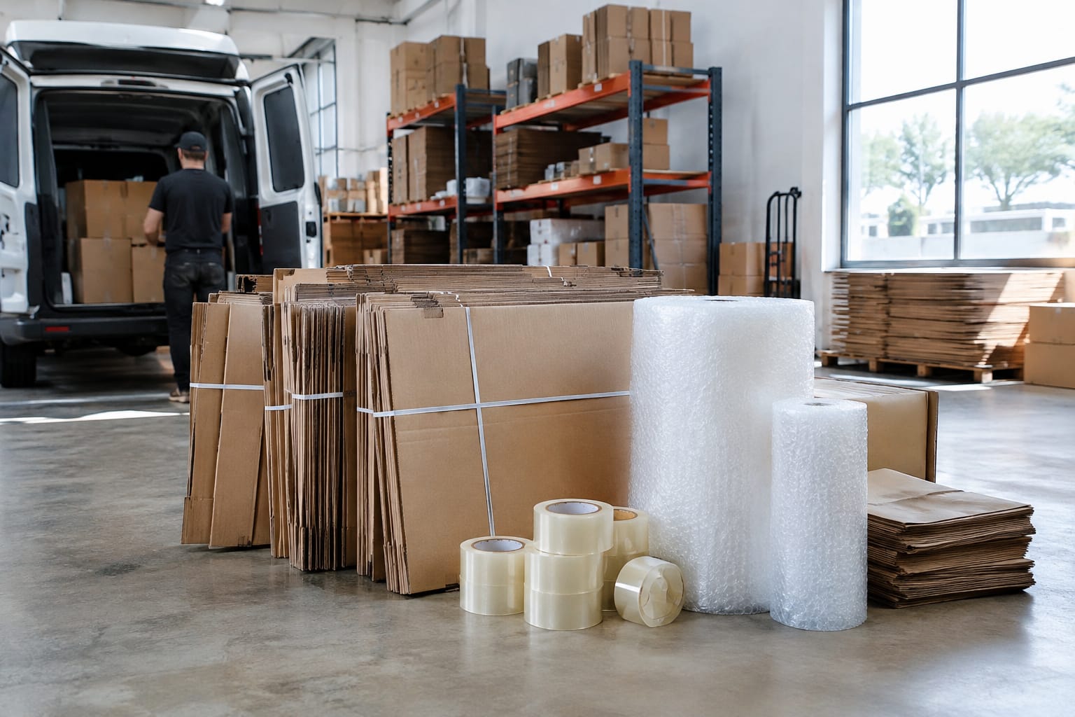 Stacked moving boxes in three sizes beside tape rolls, packing paper and a folded mattress bag on a wood floor
