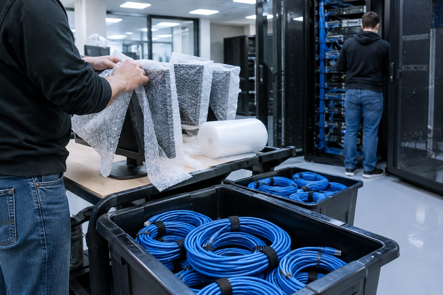 Technician labeling network cables with numbered flags at a server rack while holding a tablet port map