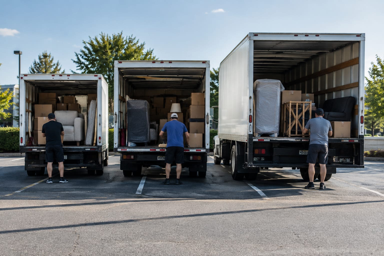 Three box trucks of increasing length parked side by side, seen from a low angle to show size differences