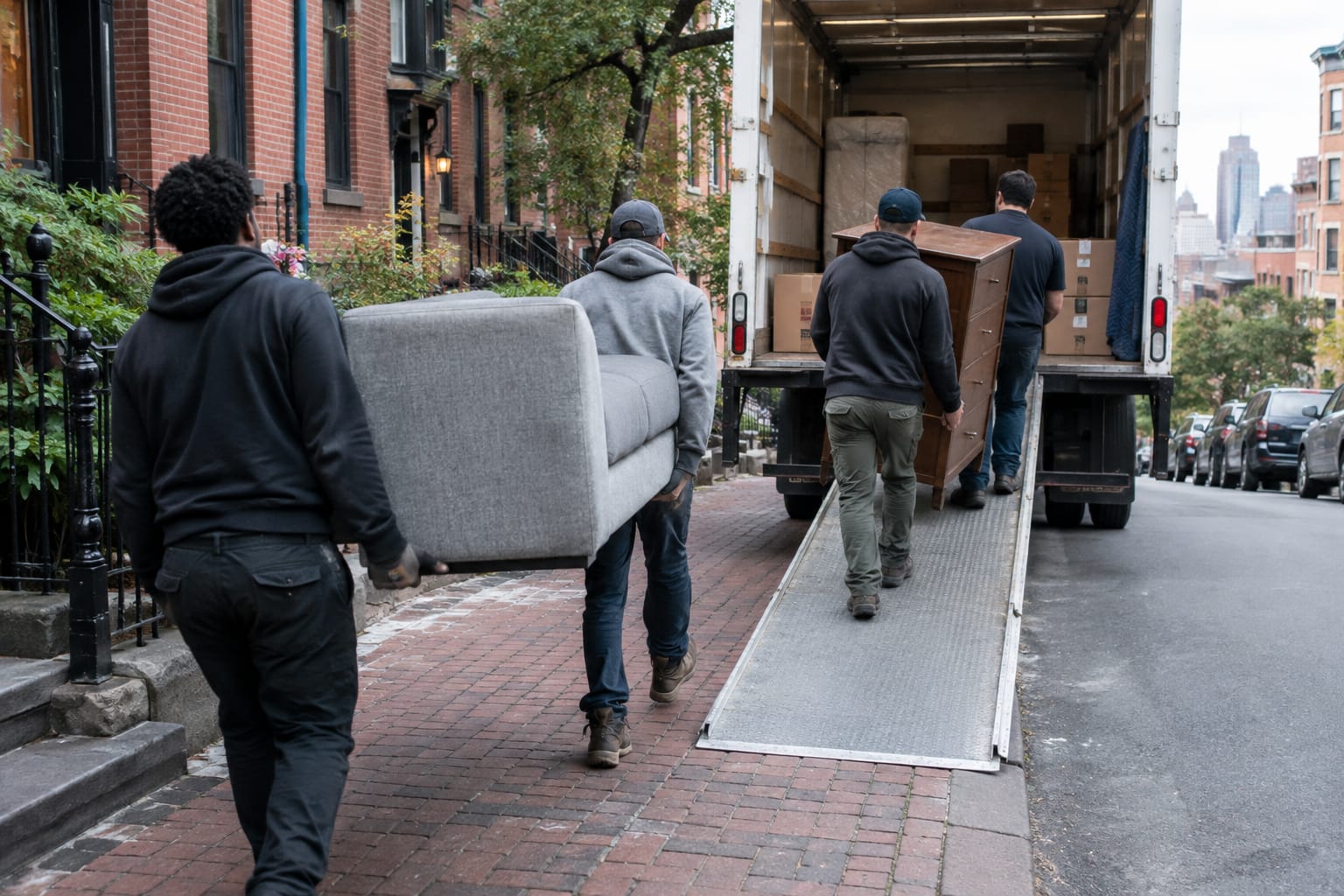 how much does it cost for moving company — Three movers loading blanket-wrapped furniture and labeled boxes into a box truck