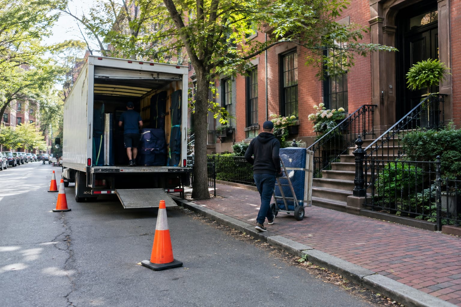 moving company local move — Two movers carry a blanket-wrapped dresser down brick steps toward a box truck parked beside no-p