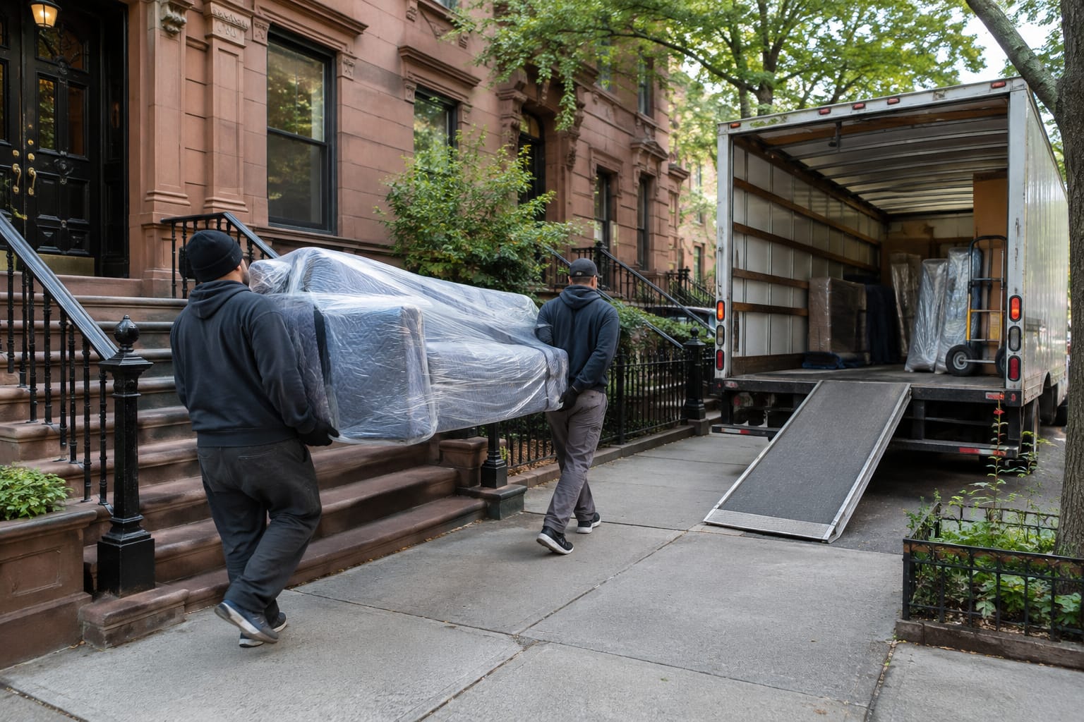 furniture moving company — Two movers carry a blanket-wrapped dresser down the front steps of a triple-decker house toward a