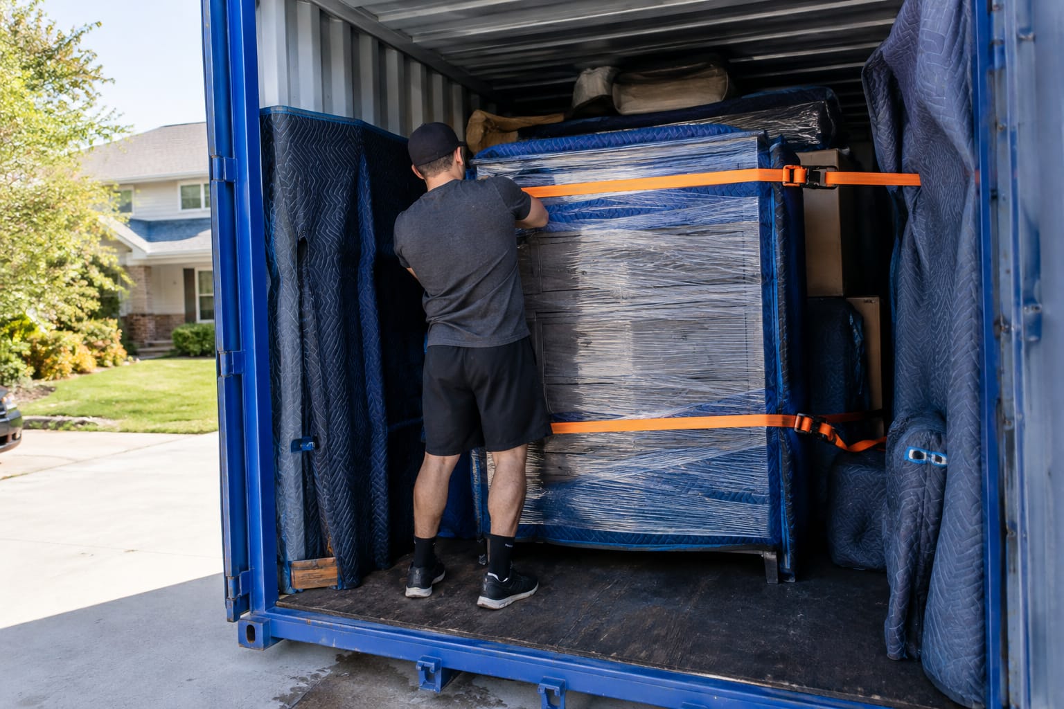 Two movers carry a padded armchair up a rental truck ramp while the customer points to a spot inside