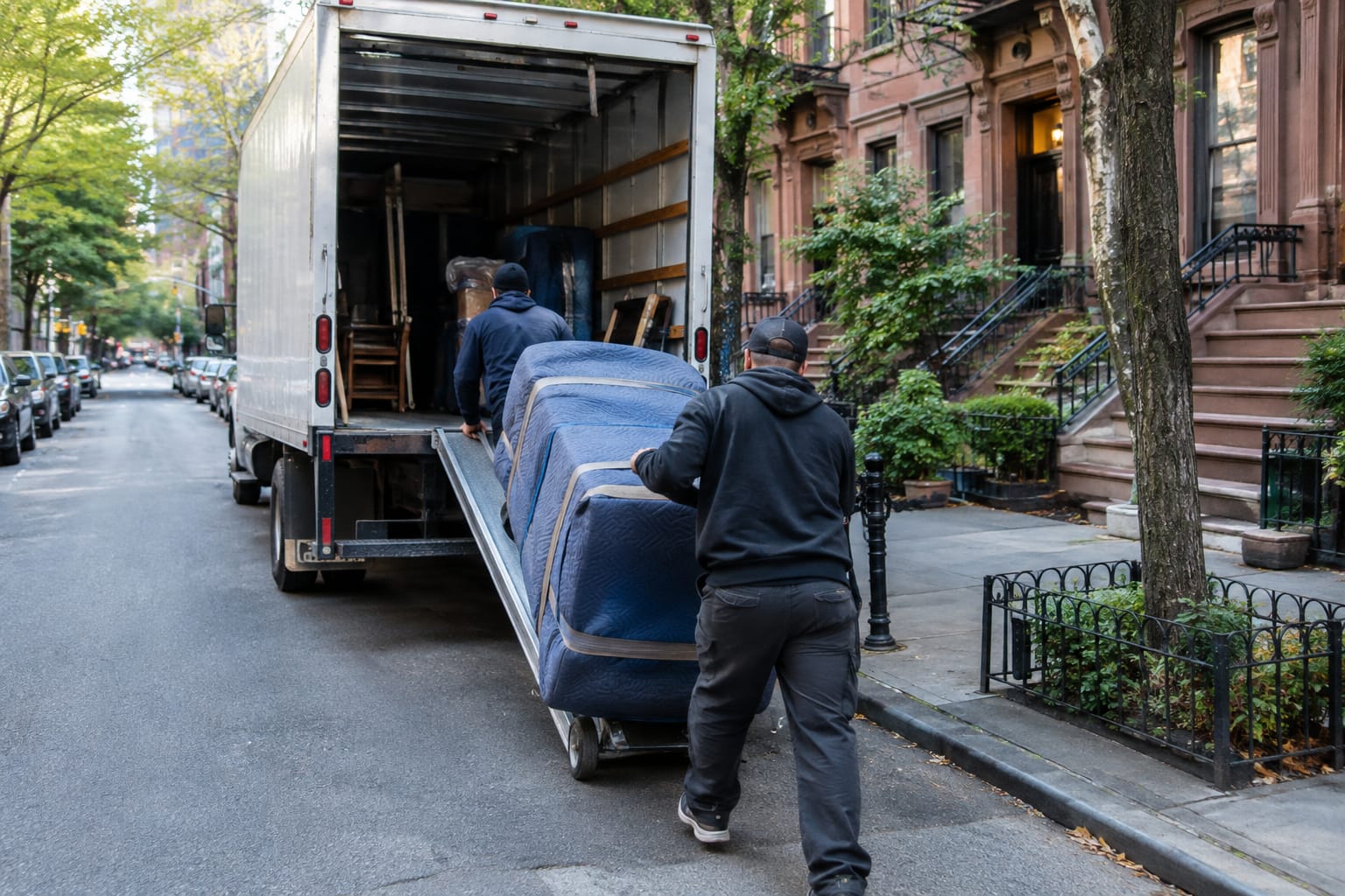 how much do movers cost in nyc — Two movers carrying a blanket-wrapped dresser down a brownstone stoop toward a box truck on