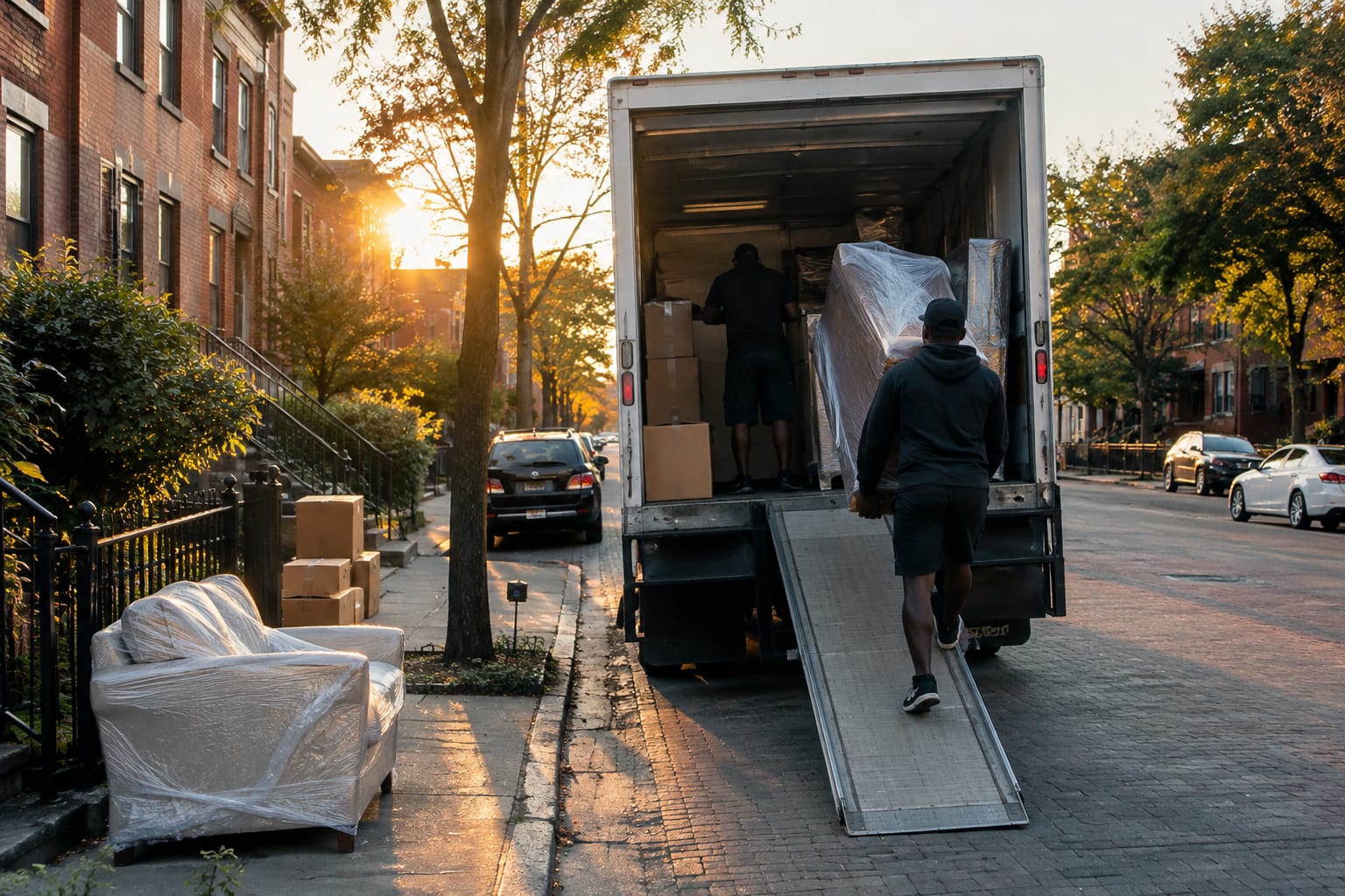 Two movers carrying a blanket-wrapped dresser down the steps of a brick two-flat toward a parked moving truck